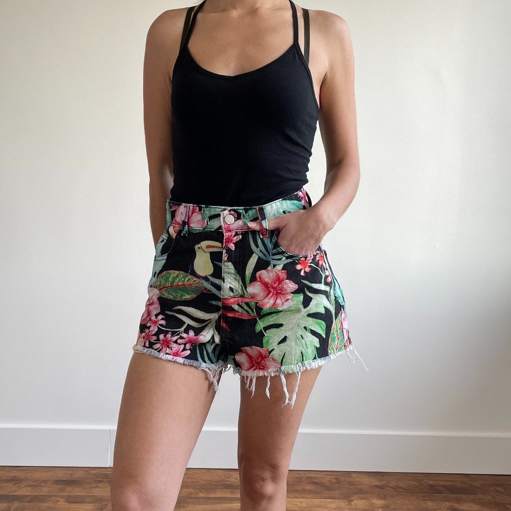 ZARA TRF - Tropical High Waist Frayed Denim Shorts